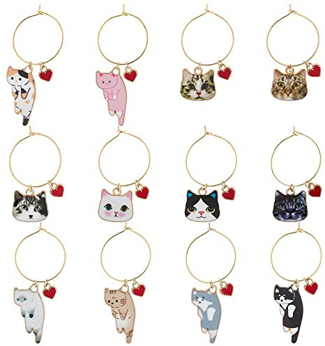 BENECREAT 12 Stil Katze Weinglas Charms, Katzenkopf-Becher-Getränkemarkierer Mit Hoop-Ringen Für Wein, Cocktails, Champagner, Verkostung, Party, Hochzeit