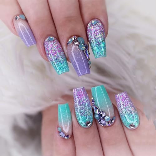 Sethexy Moyen Ballerine Faux ongles Pierres de Rhin Paillettes Ongles à presser Vert Dégradé Faux ongles Brillant pour femmes et filles 24PCS (4)