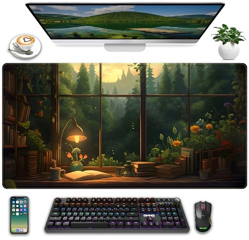 Anime Dark Green Plants Desk Mat Cute XXL Large Extended Mouse Pad Gaming, Lofi Aesthetic Computer Laptop Keyboard and Mouse Mat, Desk Accessories for Women Office Decor Mousepad, 31.5x15.75 in