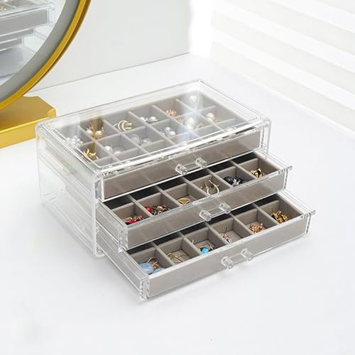Jinavoty Caja de almacenamiento de aretes y joyas de acrílico con bandejas de terciopelo, organizador de joyería para mujeres y niñas (gris, 3 cajones)