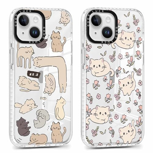 Xylota 2 Stück Transparent Handyhülle für iPhone 14/iPhone 13 6,1 Hülle, Durchsichtig Case Muster Niedlich Katze Mädchen Schutzhülle, Weich Silikon Dünn TPU Bumper Stoßfeste Cover für iPhone 14,07