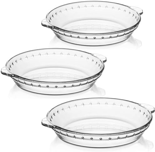 LOLYSIC 3 Pcs Glass Pie Dish, 25cm / 9 Inch Trat Dish for Oven, Round Flan Dish Glass Pie Plate for Baking Pies Cakes Serving Food, Oven Microwave Freezer Safe