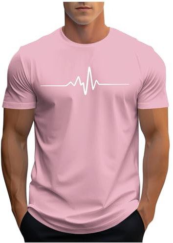 UHouse Tee Shirt Homme Sport Tshirt à Manches Courtes T-Shirts Ete Imprimé Teeshirt Col Rond Haut D'Été Streetwear Grande Taille Fin Cut Top Coton Délavé Habit Outlet France Rose L