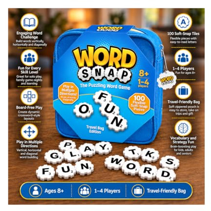 WordSnap Spiel mit Reisetasche, Wortpuzzle für Erwachsene, Familie und Kinder, lustiges Spiel für Kinder ab 8 Jahren, 1-4 Spieler