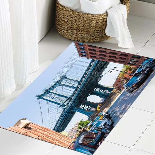 JHAOUNUK Weich Badezimmerteppich 40x60cm,Brooklyn New York USA Wahrzeichen Brücke Straße Con Autos Foto,rutschfest waschbar Badematte Flauschige Badteppich Saugfähig Badvorleger Duschvorleger