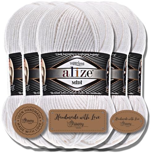 Hobby YARN 3x Etikettenlabel mit Alize Superlana Midi Wolle Premium 5x100g als Set I Yarn | Garn | Strickgarn Einfarbig Baby zum Häkeln Stricken Kleidung Schals (White | 55)