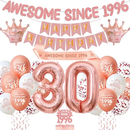 30th Birthday Decorations Rose Gold - Awesome Since 1996 Banner Set with Cake Topper and Sash, Happy Birthday Banners, Number Foil Balloons, Latex Balloons for 30 Years Old Party Supplies