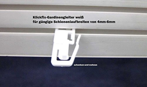 Porschen Gardinengleiter, 20 Stück, Weiß, Kunststoff, Glänzend, Weißer Lack oder Kunststoffbeschichtung, Schienenmontage, Heimnutzung, 4-6 mm Laufbreite, 10 mm Kanalbreite, 9 mm Kanalhöhe