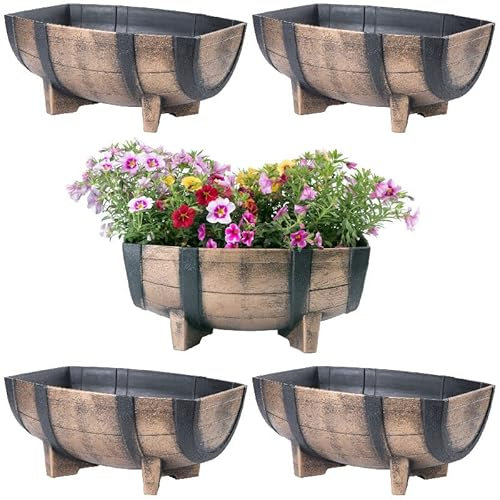 Faboer Pack of 2 x Garden Half Barrel Flower Planter Pot Wooden Oak Effect Outdoor Decoration Home Farmhouse Decor, Rustic Lightweight Flower Planter for Garden, Home, Cafes, Balcony, Dining Room