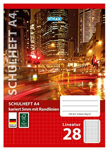 Stylex 29828-P25 - Schulheft, kariert, DIN A4, 16 Blatt mit 80 g/m² Grammatur, Außen- und Innenrand, 25 Stück