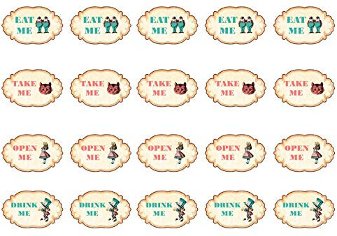 20 Vintage Alice in Wonderland Edible Cupcake Topper Tags Icing or Wafer or Wafer Card Stand up 2 inch x 1.5 inch