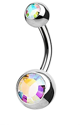 Warrior Banana-Bauchnabelpiercing mit Aurora-Borealis-Stein, steriles Bauchnabelpiercing aus Titan, 14G (1,6 mm), mit 2 Kugeln, Bodypiercing-Stab, 1 Stück (12 mm)