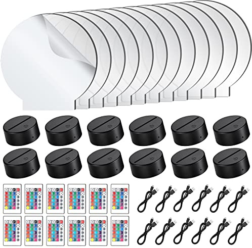 12 Stück klare Acrylplatten und 12 Stück 3D Nachtlicht LED Lampensockel mit Fernbedienung und USB-Kabel, DIY Acryl Lampensockel Set für Restaurant Bar Cafe Shop Zimmer Dekoration (rund)