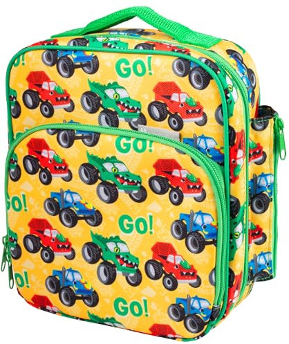 Insulated Lunch Box w Snack Pocket & Water Bottle Holder-Boys or Kids Monster Truck School Lunchbox Tote Keeps Food Hotter or Colder Longer-Reusable Bag Fits Most Bento Boxes, Ice Packs-Back To School
