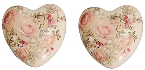 Posiwio dekoratives herziges Deko-Herz Keramik-Herz Blumenherz Motiv Rose in Creme-rosa-weinrot oder Creme rosa (2 x klein Creme-rosa)