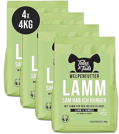Tales & Tails Halbfeuchtes Trockenfutter für Hunde | Getreidefrei | Eine Tierische Proteinquelle | Hohe Akzeptanz & Verträglichkeit (4 kg (4er Pack), Welpe Lamm)