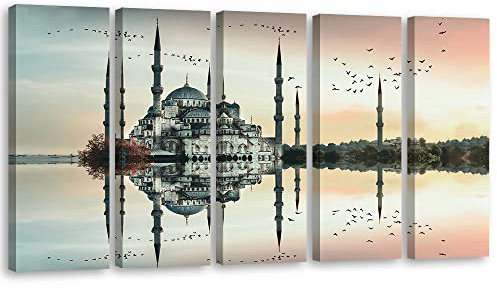 Feeby Wanddeko XXL 100x40 cm Sultan Ahmed-Moschee Istanbul Torkey Leinwandbild 5-teilig Modern Wandbilder Deko Flur Historisch Gebäude Weltkulturerbe Beige