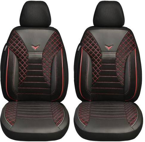 BREMER SITZBEZÜGE Maß Auto Schonbezüge kompatibel mit VW Grand California Fahrer & Beifahrer Set ab 2019 / Auto Schonbezug Velour Kunstleder Set 2er Pack in Schwarz/Rote Naht (PS802)