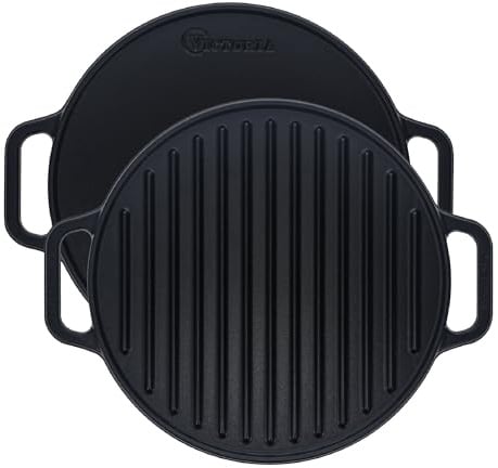 VICTORIA Runder Gusseisen-Grill, Doppelbrenner-Grill, mit abnehmbaren Spulengriffen, gewürzt mit 100% koscher-zertifiziertem Leinsamenöl, ohne GVO-Leinsamenöl, 31,8 cm, schwarz