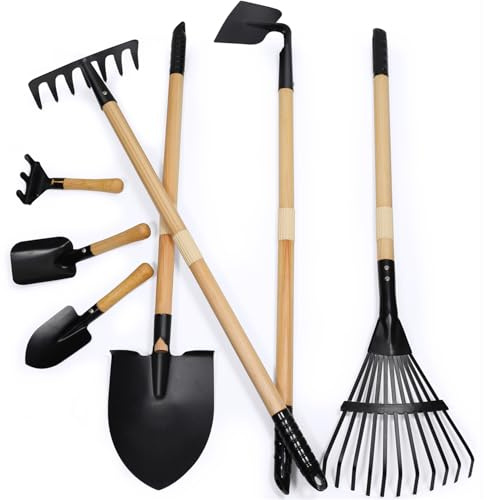 CHEERBANK 7PCS Kids Gardening Tools, Long Shovel, Rake for Leaves, Spade, Hoe, Steel Heads & Real Wood Handle, Yard Tools for Children Toddlers Gifts