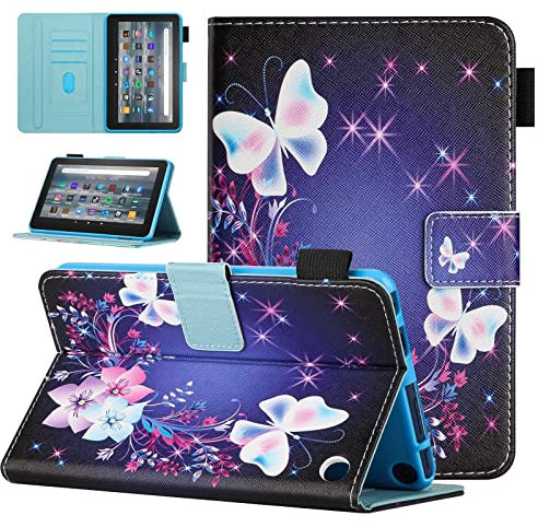 MOKASE Funda Compatible con Nuevo Kindle Fire 7 Tableta Amazon 12 ª Generación 2022 Último Modelo 7, Piel Sintética Soporte Caso, Automático Estela/Sueño con Portalápices para Fire 7, Butterflies