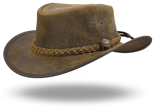 Sidewinder Austrailian Cowboyhut aus echtem Leder im Western-Stil mit breiter Krempe, echtes Leder, wasserabweisend, Outback, Vintage-Tan