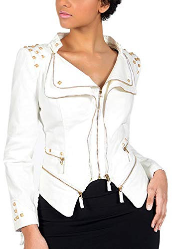 DISSA Damen Weiß Nieten Jeansjacker Bikerjacke mit Reißverschluss,PA01,L