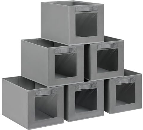 DIMJ 6 Pack Foldable Storage Boxes with Transparent Window, Fabric Storage Basket with Handle, Wardrobe Storage Organiser Boxes for Clothes, Toys, Books