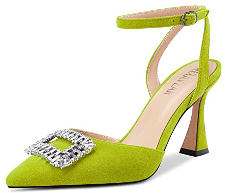 HEUIVZAR Mujer Alto High Chunky Ancho Heel Puntiaguada Punta Sandalias Correa Tobillo Diamante Cristal Cierre con Hebilla de Boda Dress Zapatos