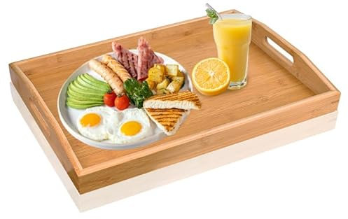 wynott Bamboo Serving Tray with Handles - Large Wooden Platter 41x29x5cm Rectangular Breakfast and Tea Platter for Food, Snacks and Dinner