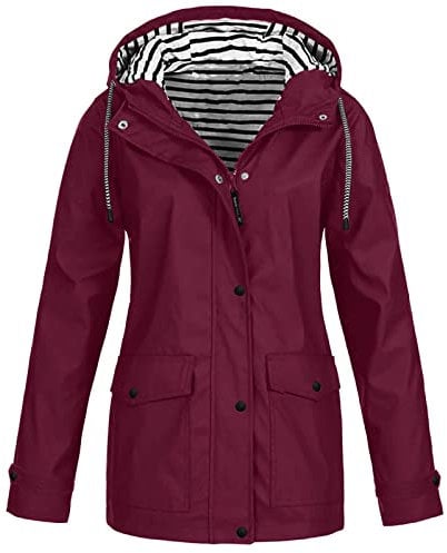 Women Solid Rain Jacket Candy Color Outdoor Plus Size Hooded Windproof Loose Coat Water Proof Raglan Cuff Hooded Raincoat Overcoat Winter Warm Cute Jacket School Camping Hiking Outerwear
