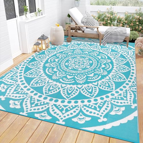 Bsmathom Waterproof Outdoor Rug 5'x8' Reversible Boho Plastic Straw Patio Deck Camping Rugs, Indoor Outdoor Portable RV Mat Clearance Carpet for Outside, Porch, Balcony, Backyard, Beach, Pool,Teal