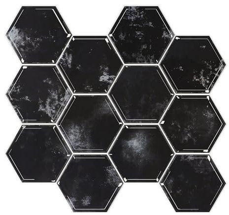 VEELIKE Fliesenaufkleber Sechseck Marmor Schwarz Klebefliesen Küche Fliesenfolie Badezimmer Wasserfest Küchenfliesen Selbstklebend Fliesen Küchenrückwand Wandfliesen Bad 30.5cm×30.5cm 6 Stück