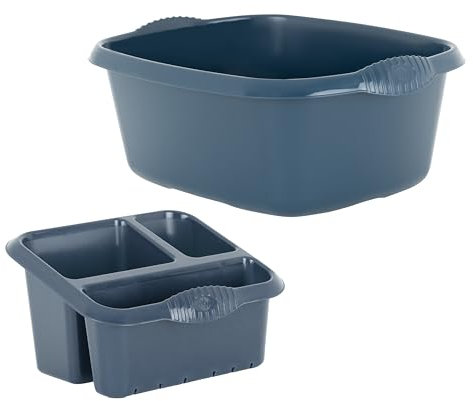 M1SS Set of 39cm Rectangular Washing up Bowl With Large High-Grade Plastic Sink Tidy Drainer Kitchen Caddy Cleaning Organiser 3 Compartment Sponge, Brush, Kitchen Utensils Holder (Navy Blue)