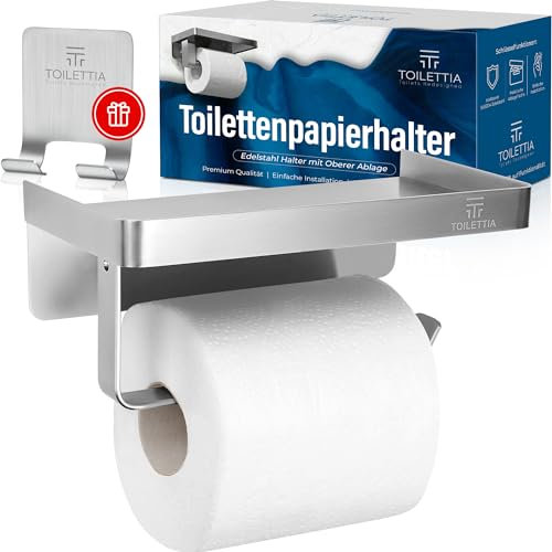 TOILETTIA® Klopapierhalter mit Ablage, Montage mit/ohne Bohren, vielseitige Ablage mit sicheren Rändern für Wertgegenstände – langlebiger und rostbeständiger Toilettenpapierhalter Edelstahl Gebürstet