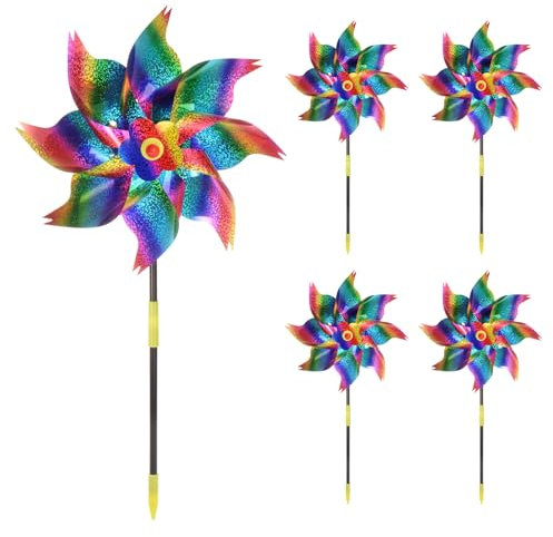 sourcing map 5pcs Windmills for the Yard Garden 21 x 10 8 Leaves Reflective Pinwheels Sparkly Wind Mills Spinners Windproof Waterproof Bird Devices with Stakes for Patio Decor, Multicolor