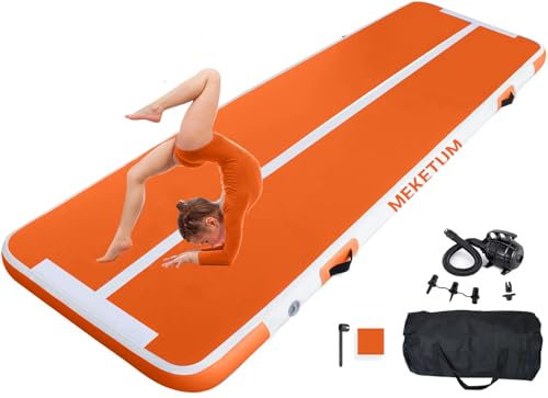 MEKETUM Air Turn Track Matte 2m 3m 4m 5m 10/20cm Dicke Turnen Matten Aufblasbar Gymnastikmatte Rutschfest Sportmatte für Zuhause/Training/Tumbling/Yoga/Outdoor/Fitness (Vitalität Orange, 3m10)