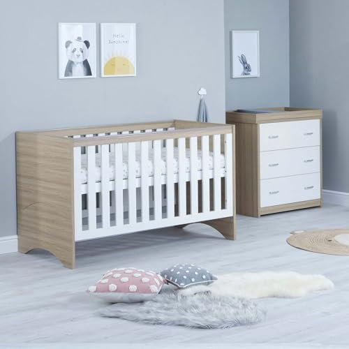 Babymore Veni 2 Piece Nursery Room Set Oak White - 1 Baby Cot Bed & 1 Chest Changer With 3 Double Handle Drawers, Wooden Chest Of Drawer Storage Cabinet | 2 Piece Nursery Room Furniture Oak White