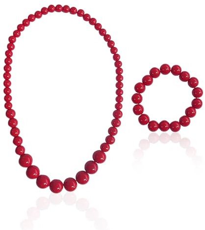 NYGGTYK 1-teilige Perlenkette mit 1-teiligem Perlenarmband, lange Perlenkette, Acryl-Halskette und Armband, Kostümschmuck-Accessoires, Karnevals-Perlenkette und Armband für Damen(rot).