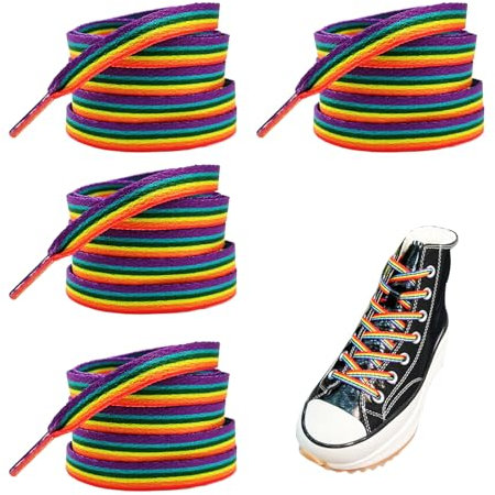 2 Paar Bunte Schnürsenkel Bunt Shoe Laces Regenbogen Lgbtq Accessoires Pride Rainbow Schuhbänder Neon Lang Flach Schuhband Breit Dicke Farbige Shoelaces chucks bunt für Sneaker Sportschuhe 140cm (A)