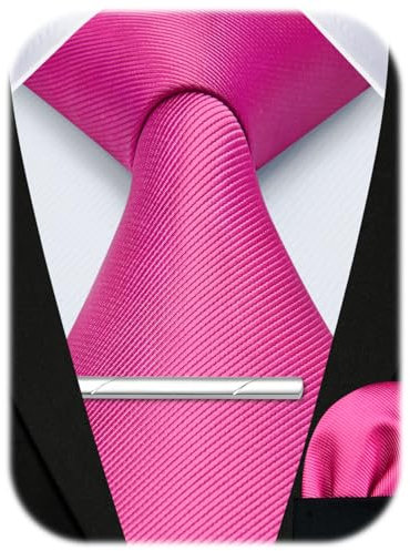 HISDERN Cravatta Fucsia da Uomo e Fazzoletto da Taschino Set Cravatta Classica da Matrimonio Solida con Fazzoletto e Fermacravatta