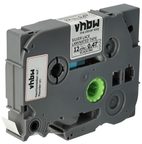 vhbw 1x Schriftband-Kassette kompatibel mit Brother PT 1080BTS, 1080SBT, 1090, 1090BK Etiketten-Drucker 12mm Schwarz auf Weiß m. silberner Spitze