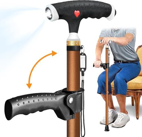 ispuoocti Verstellbarer Gehstock für Herren und Damen Doppelgriff Verstellbarer, Gehstock mit LED-Licht, gehstöcke für senioren und Menschen mit verschiedenen Arten von Arthritis (Braun)