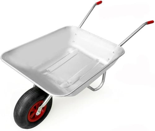 Wheelbarrow Home Garden Cart Galvanised with Pneumatic Tyre (65L) Silver, Suitable for Light/Medium Garden Work.