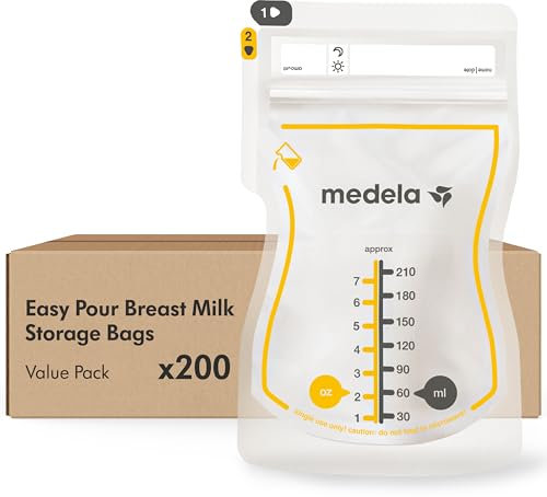 Medela Easy Pour Breastmilk Storage Bags 200 Count 7oz/210ml Disposable, Leakproof, Fast Freeze, Breast Milk Protection Recyclable & BPA Free