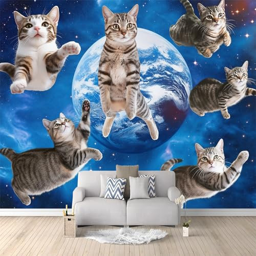 Chat Animal Ciel Étoilé Terre Papier peint intissé Bleu Tissu non tissé Tableaux Muraux Tapisserie Photo Décoration Murale Salon Chambre 250x175 cm