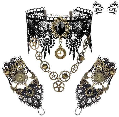 O'meFun Steampunk Accessoires: Damen Schmuckset für Karneval & Party - Halskette, Armbänder, Gesichtsaufkleber mit Strasssteinen & Spitze