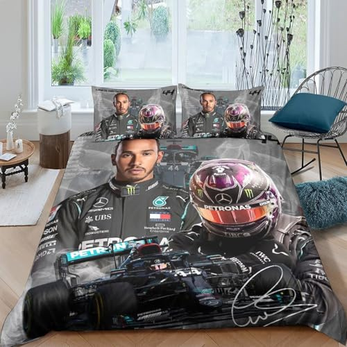 EOASNRTCB Kinder Bettwäsche Lewis Hamilton Bettbezug Set, Moderne 3D F1 Racing Bedruckte Kinder Jungen Kinderbett Bettbezug Set Microfaser Mit Kissenbezug King（220x240cm）