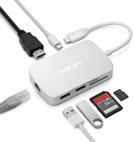 MINIX USB C Adapter, 7 in 1 USB C Hub Muliport Adapter 4K HDMI, Gigabit Ethernet, 2 USB 3.0, 100W PD Laden, SD/TF Kartenleser, kompatibel mit MacBook Pro/Air, iPad Air/Pro, iMac, Laptop, PC