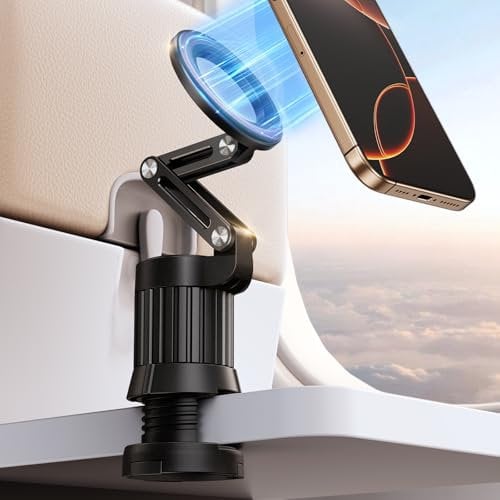 nediea Airplane Phone Holder for Magsafe Travel Essentials, Foldable 360° Rotation Desktop Mobile Phone Stand for iPhone with Telescopic Tripod Base, Portable Magnetic Holder In Flight With Clip